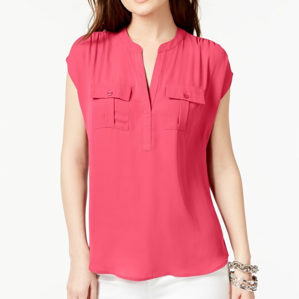 INC Womens Split Neck Utility Shirt Coral XL